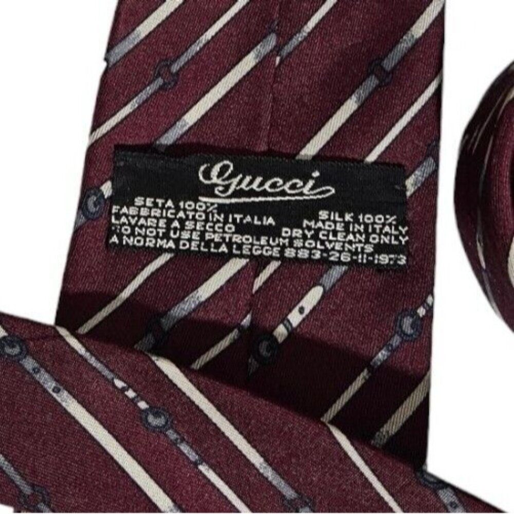 GUCCI Men's 100% Silk Necktie LUXURY Tie Burgundy Belts Logo W:3.6" EUC - Picture 2 of 4